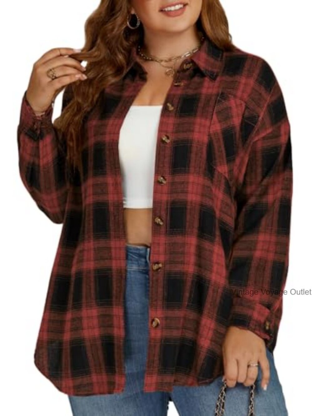 Plus Size Flannel Plaid Button Down Shirt Drop Shoulder Tunic Blouse